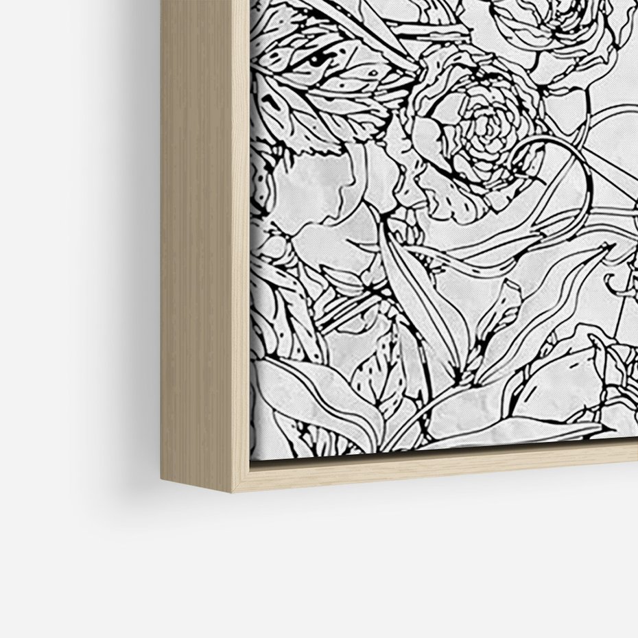 Obraz w ramie 80x120 - Refleksje w martwym punkcie - graficzny szkic, kompozycja kwiatów - rama drewno
