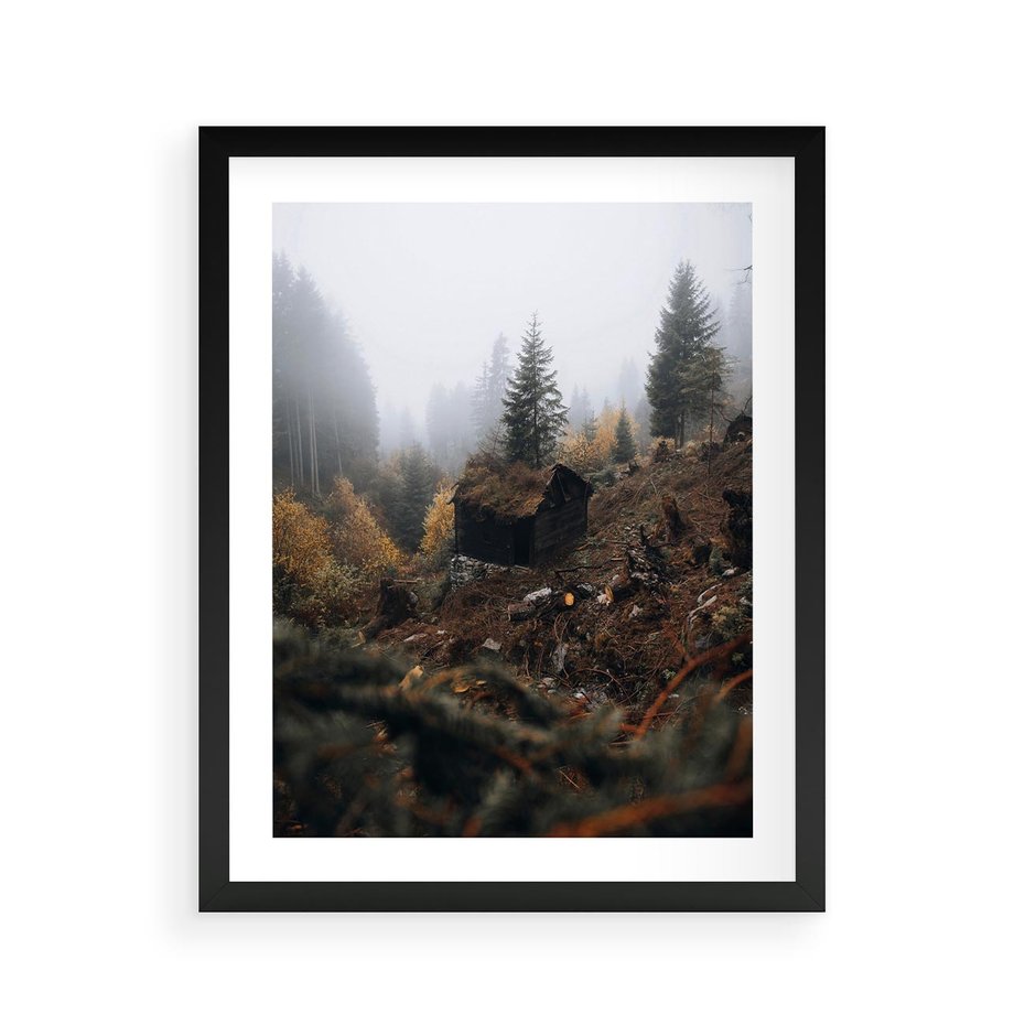 Plakat w ramie 40x50 - Górski las - stary zniszczony domek w górach, góry - rama czarna
