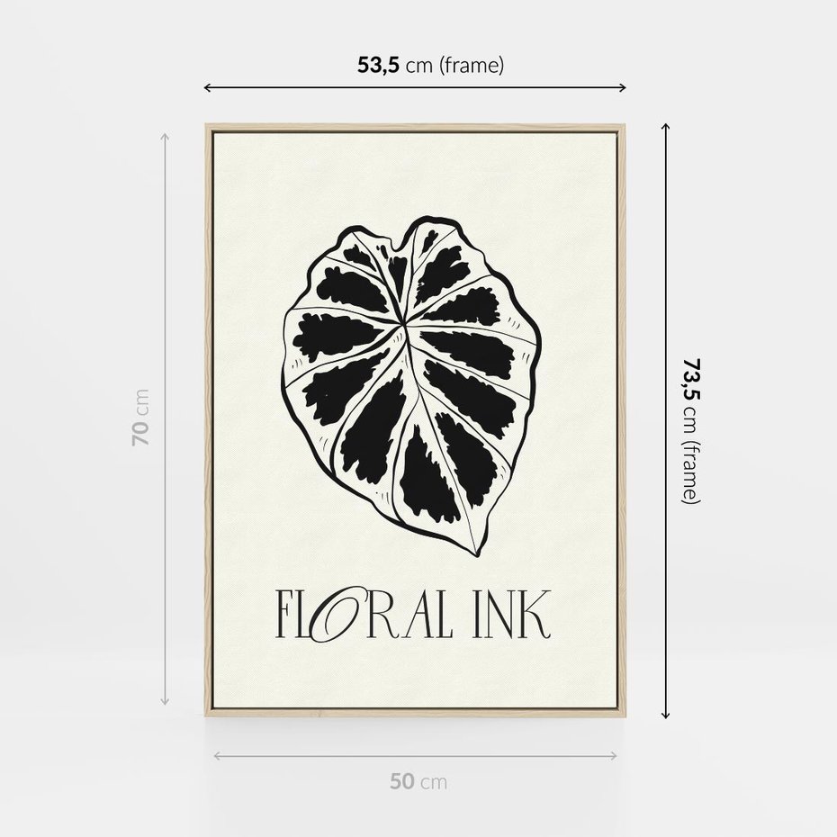 Obraz w ramie 50x70 - Zapisane na liściach wspomnienia - liść, czarny kontur na jasnym tle - rama drewno