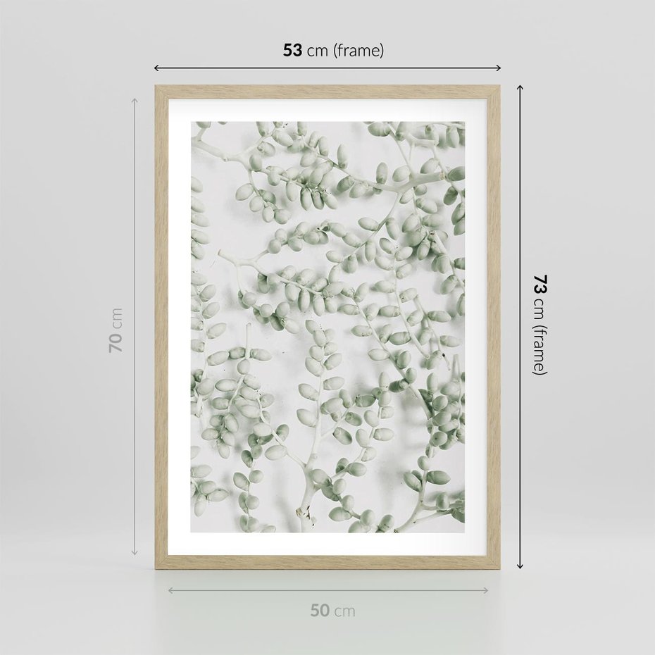 Plakat w ramie 50x70 - Delikatność Zieleni - zielone gałązki, listki - rama drewno