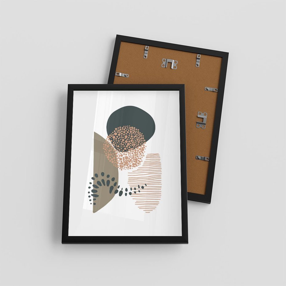 Plakat w ramie 30x40 - Harmonia Akwarelowych Przestrzeni - abstrakcyjna kompozycja z kropek kresek i kółek, odcienie brązu i beżu - rama czarna