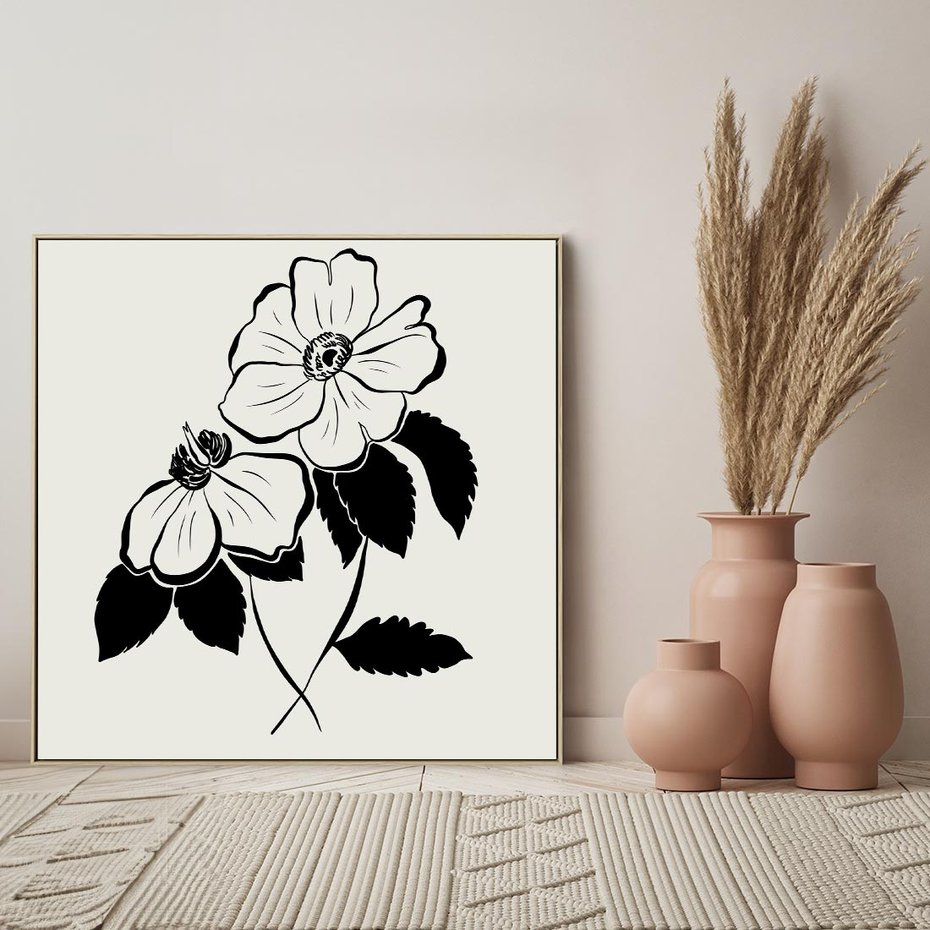 Obraz w ramie 80x80 - Poezja kwiecistej kreski - kwiaty, minimalistyczne - rama drewno