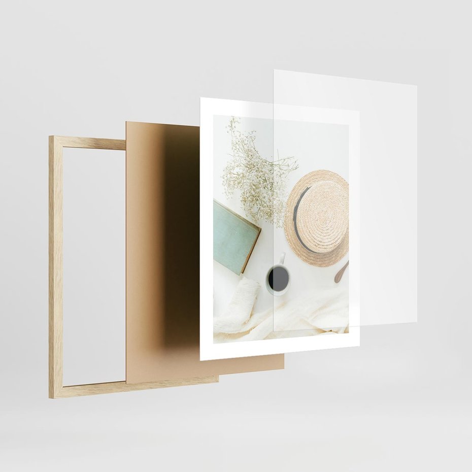 Plakat w ramie 40x50 - Boho Urok - kompozycja boho, slomkowy kapelusz - rama drewno