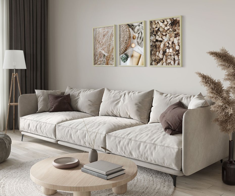 Zestaw obrazy w ramie 50x70 galeria - Boho, wnętrza, liście, trawy - rama drewno