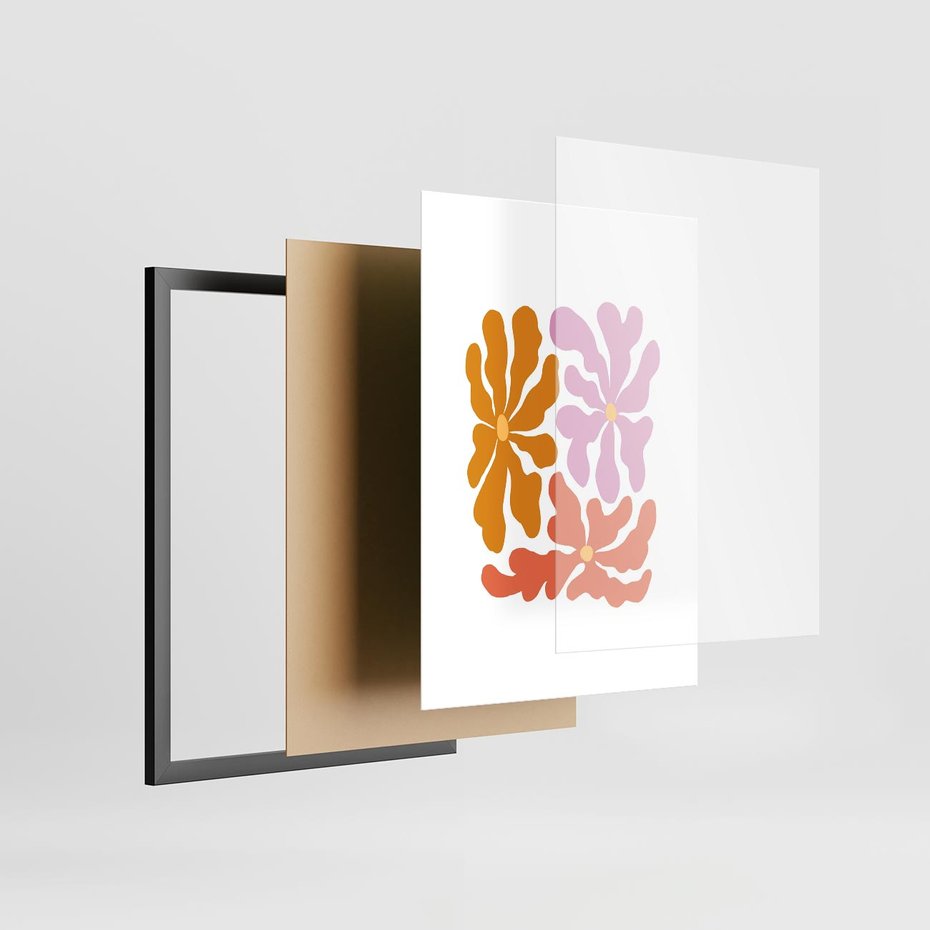 Plakat w ramie 30x40 - Rozbijające Refleksje - abstrakcyjne kolorowe kwiaty, minimlizm - rama czarna