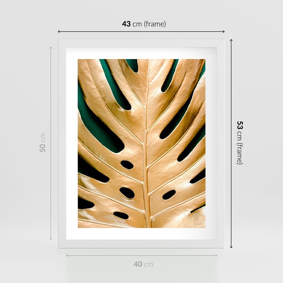 Plakat w ramie 40x50 - Piękno i Styl - złote, liście - rama biała