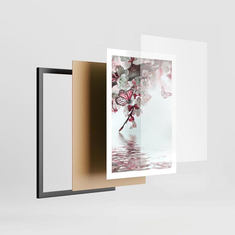 Plakat w ramie 50x70 - Kwiatowa baśń z motylami - kwiaty, motyle - rama czarna