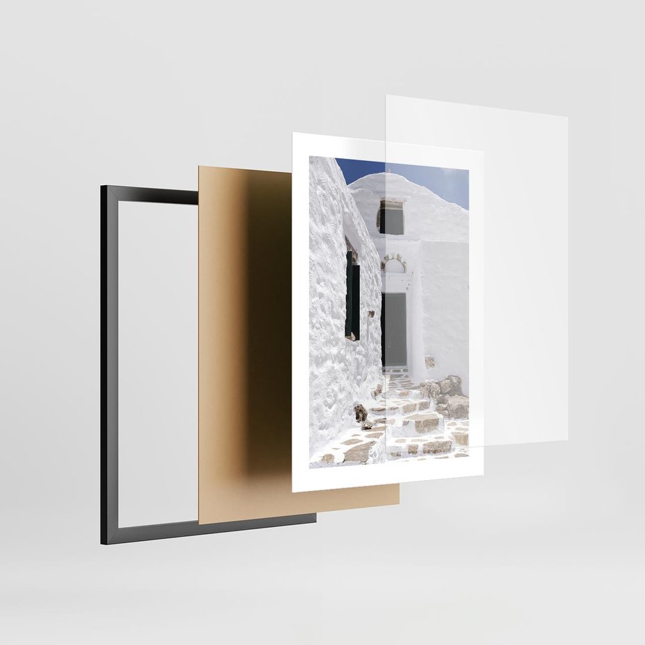 Plakat w ramie 30x40 - Santorini - Grecja błękitem malowana - Santorini, Grecja - rama czarna