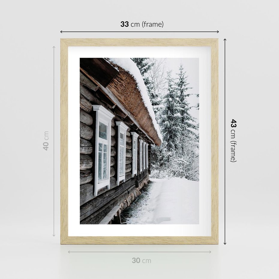 Plakat w ramie 30x40 - Cicha Zima - zima, domek w górach - rama drewno