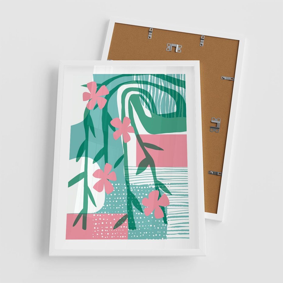 Plakat w ramie 50x70 - Rozkwitające Harmonie Form - abstrakcyjne pastelowe kwiaty, nowoczesna sztuka - rama biała