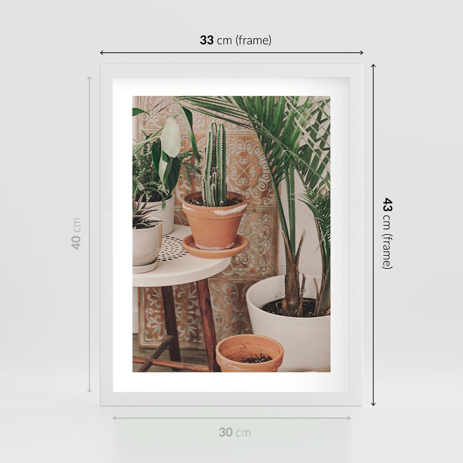 Plakat w ramie 30x40 - Boho Oaza: Kaktusy w Doniczkach - rośliny kaktusy w doniczkach, boho wnętrze - rama biała