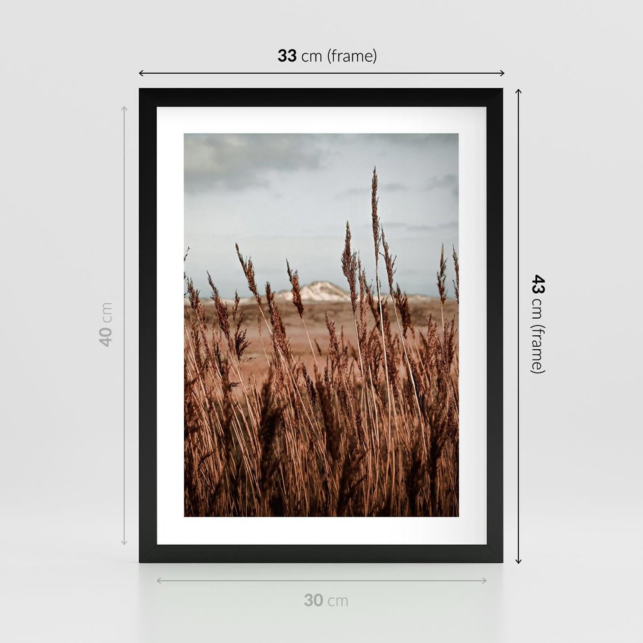 Plakat w ramie 30x40 - Wysokie Trawy w Górskim Krajobrazie - suche trawy, wysokie trawy - rama czarna