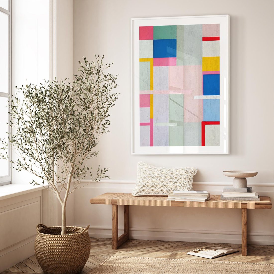 Plakat w ramie 30x40 - Rozbijające Granice Wyobraźni - abstrakcyjne geometryczne kształty, olejny obraz - rama biała