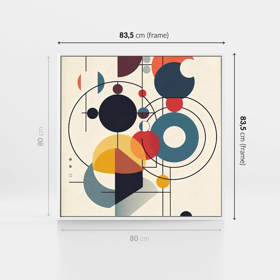 Obraz w ramie 80x80 - Rozbijające Barwne Granice - abstrakcyjna geometryczna kompozycja, koła linie - rama biała