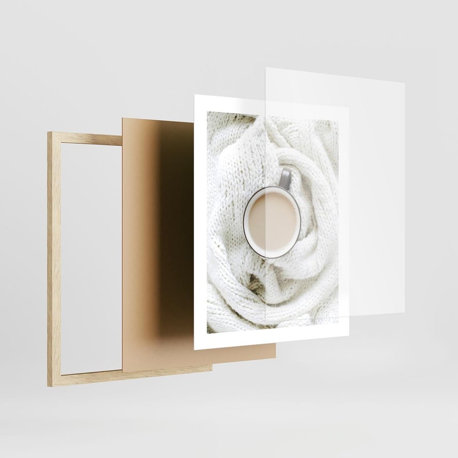 Plakat w ramie 40x50 - Kawa na Wełnianym Kocu - kawa, biały wełniany koc - rama drewno