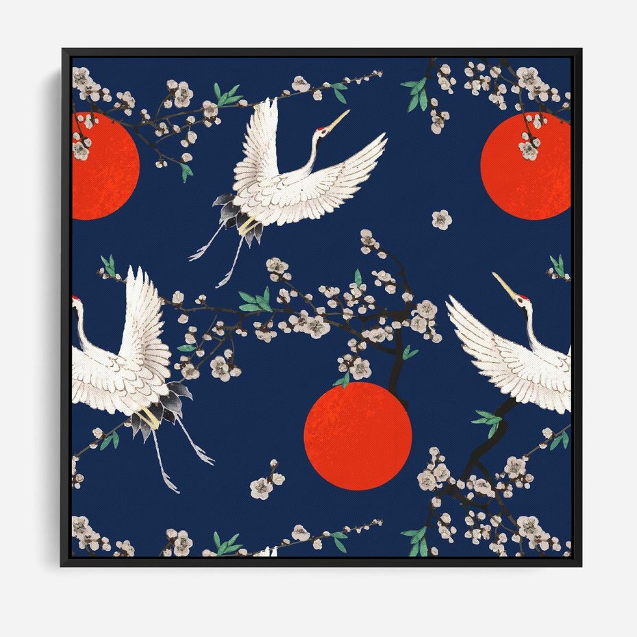 Obraz w ramie 50x50 - Japońskie Żurawie Indygo - sztuka japońska, japonia - rama czarna