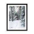 Plakat w ramie 50x70 - Spokój Zimowej Przygody w Lesie - domek w górach w lesie, zima - rama czarna