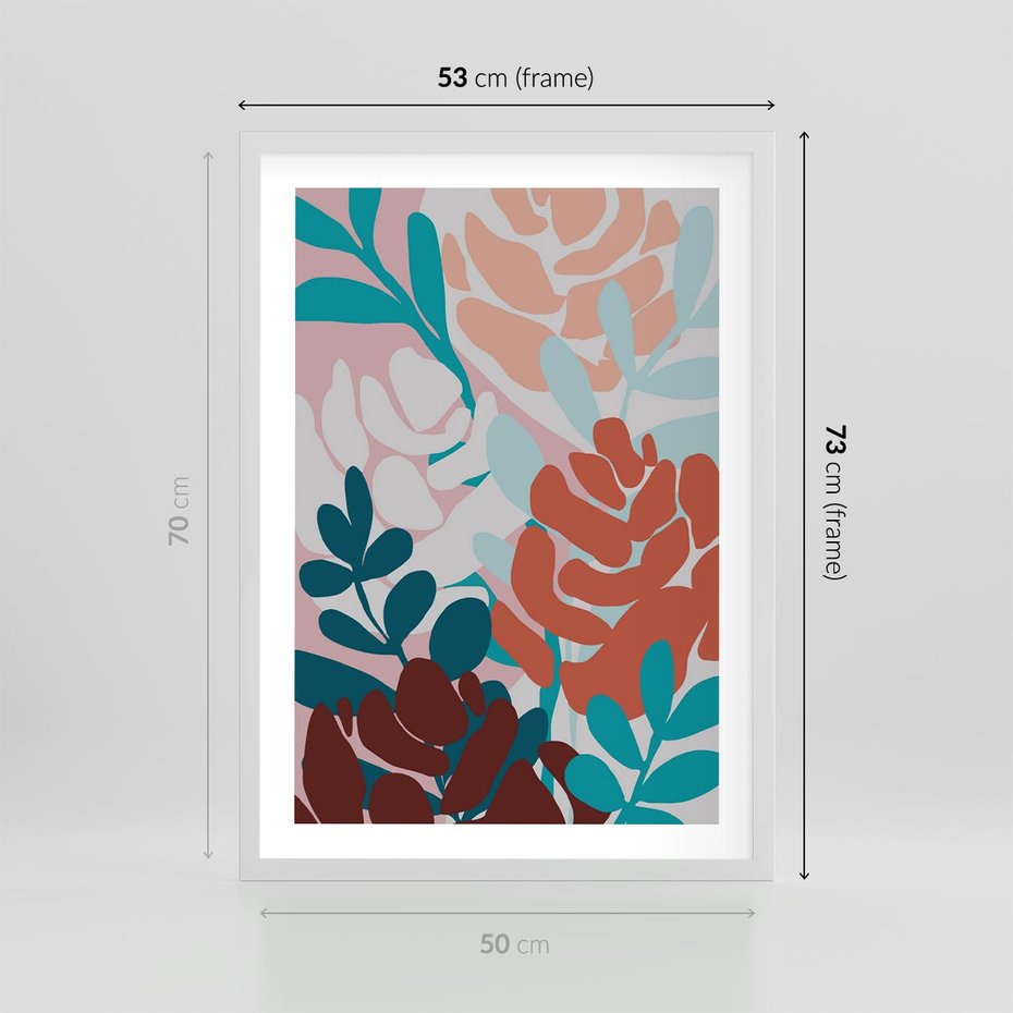 Plakat w ramie 50x70 - Impresje Kształtów - abstrakcyjna kompozycja kwiatowych form, kolor zgaszone - rama biała