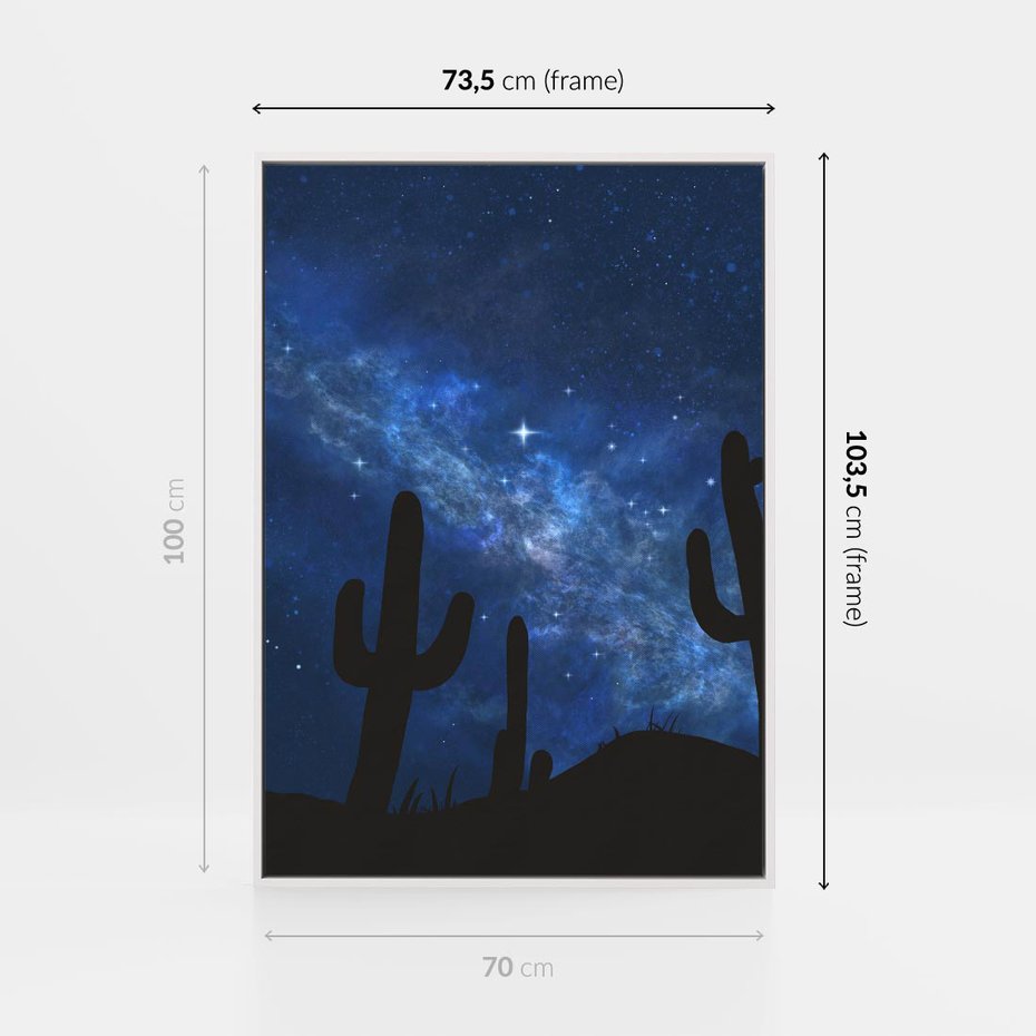 Obraz w ramie 70x100 - Nocne Tajemnice Pustyni - gwieździsta noc, granatowe niebo - rama biała