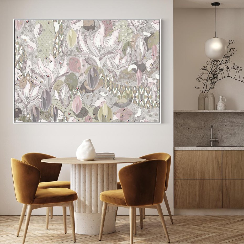 Obraz w ramie 100x70 - Pejzaże zatajonej duszy - połączenie tekstur, roślinne motywy - rama biała