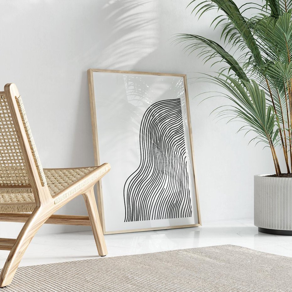 Plakat w ramie 50x70 - Refrakcje Przestrzeni - mnimalistyczna forma, czarne linie - rama drewno