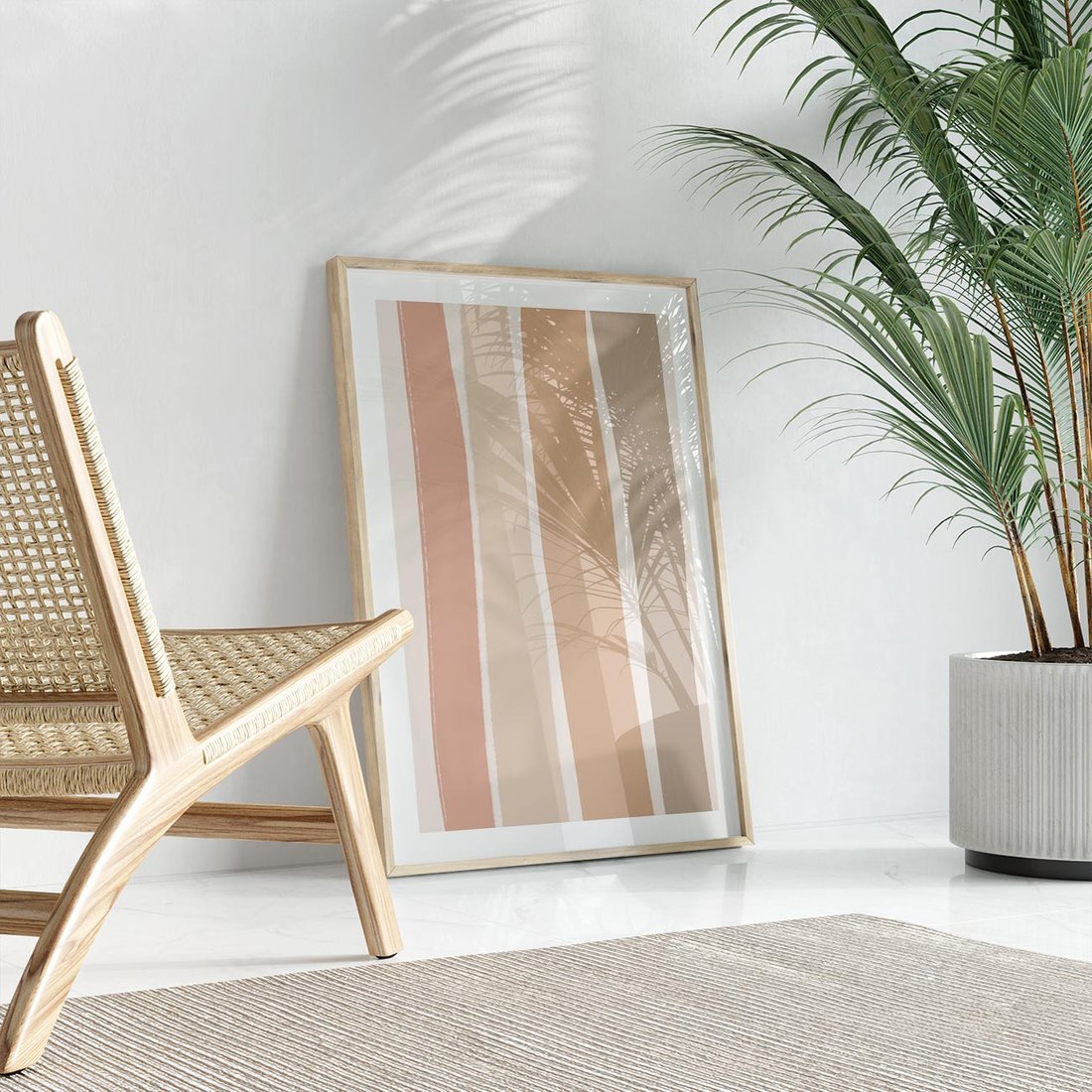 Plakat w ramie 30x40 - Tęczowa Zgaszona Aura - abstakcyjne tęczowe pasy, delikatne odcienie beżu - rama drewno
