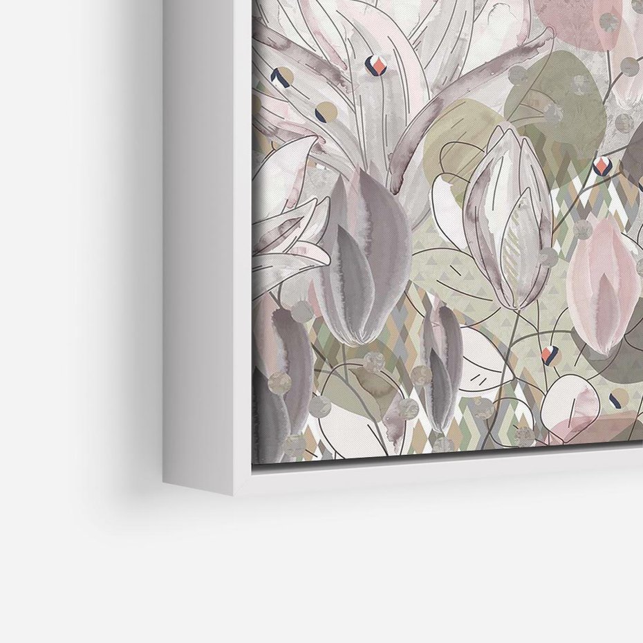 Obraz w ramie 50x50 - Pejzaże zatajonej duszy - połączenie tekstur, roślinne motywy - rama biała