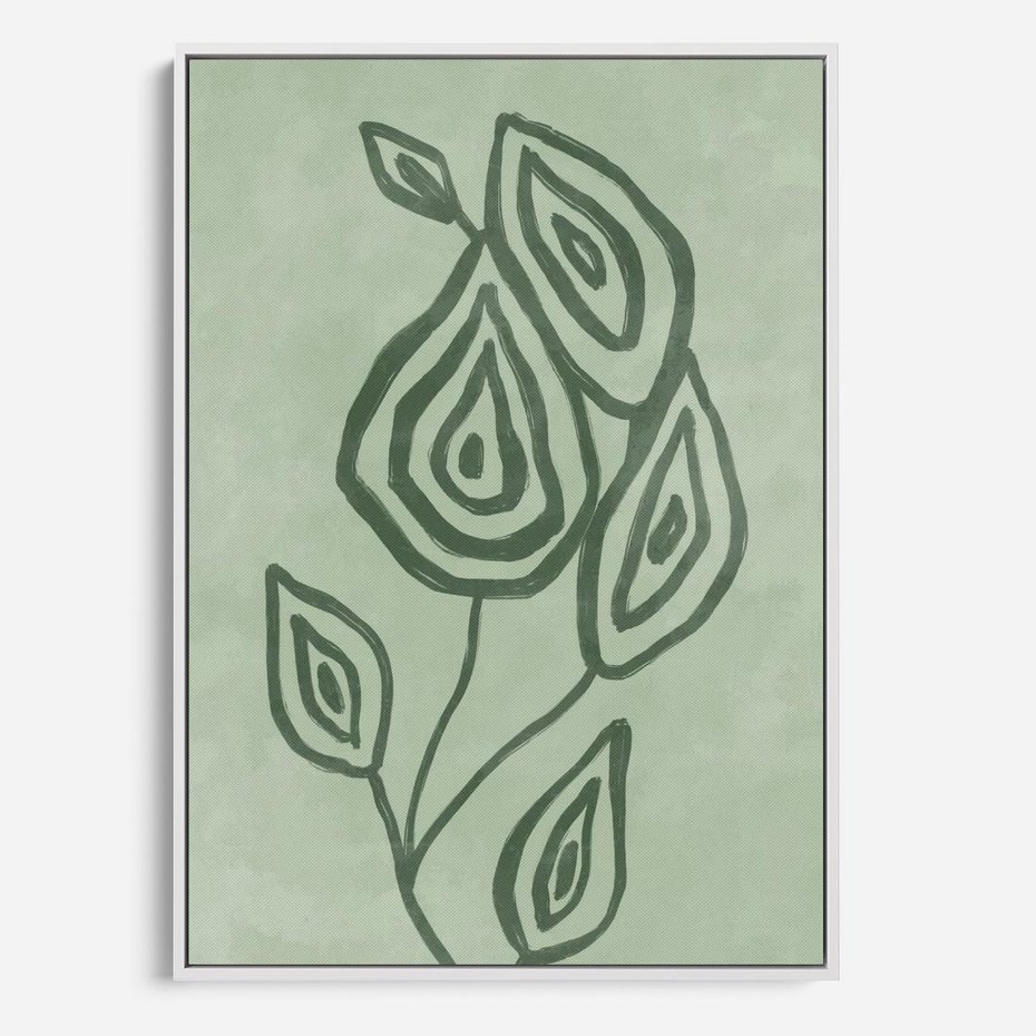 Obraz w ramie 70x100 - Szmaragdowy Oddech - abstrakcyjne delikatne zielone linie, podobne do gałęzi kwiatów - rama biała