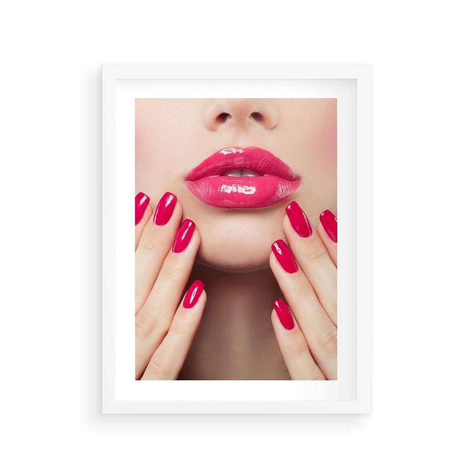 Plakat w ramie 30x40 - Wyrażenie Piękna - paznokcie, usta - rama biała