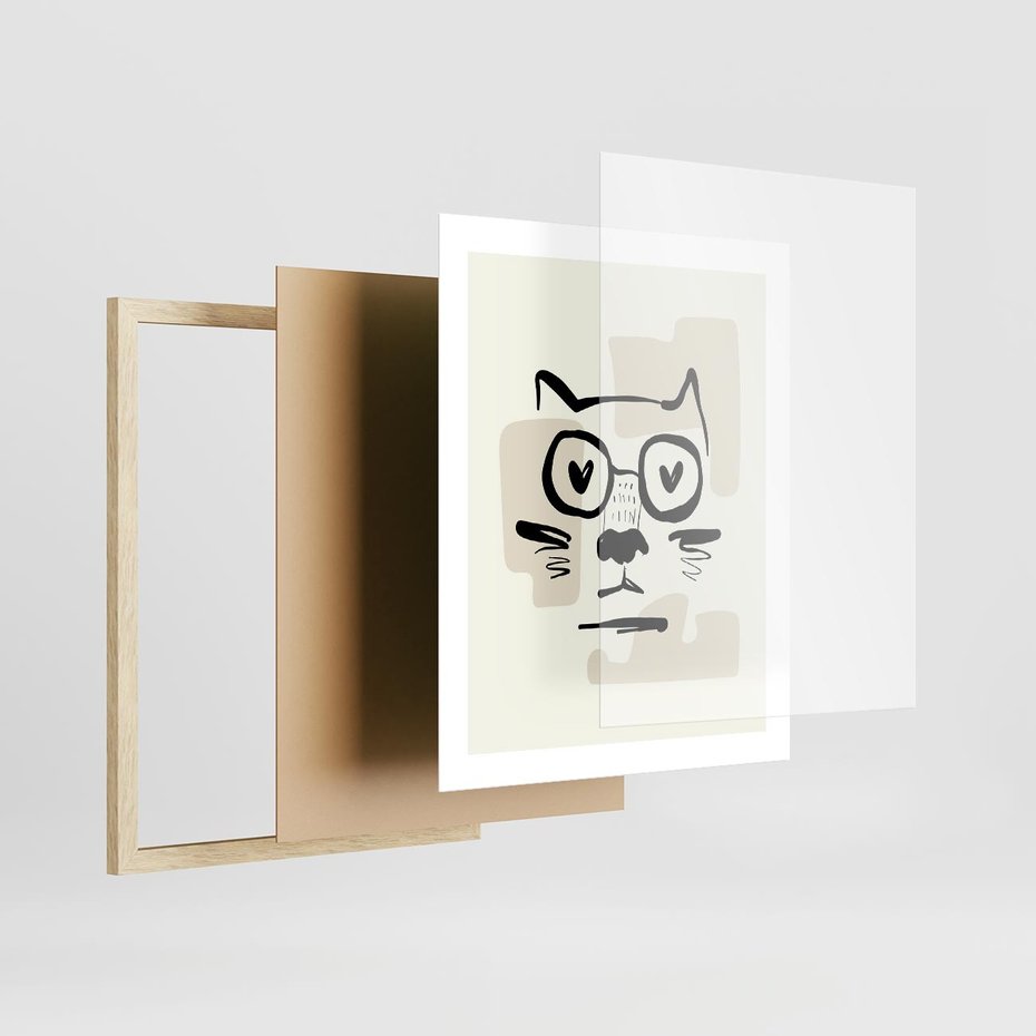 Plakat w ramie 40x50 - Minimalistyczny Kot: Czarna Kreska - kot, grafika - rama drewno