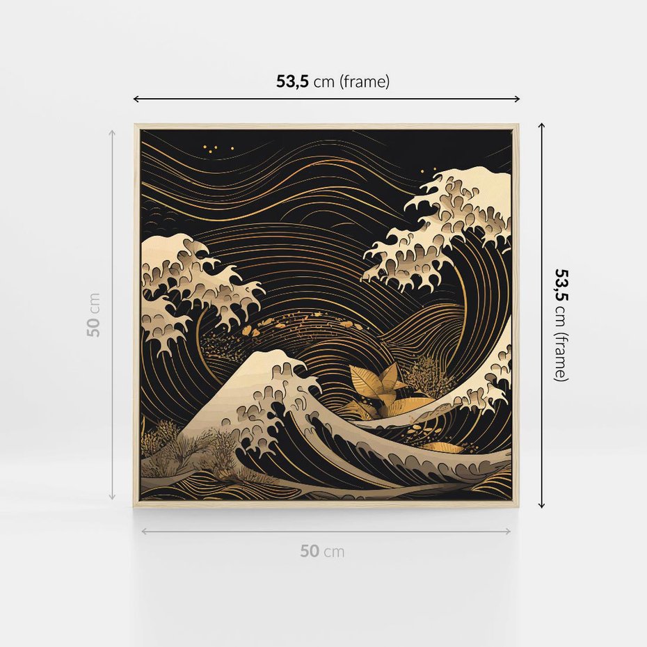 Obraz w ramie 50x50 - Złote Piękno - ciemny obraz, fala morska - rama drewno
