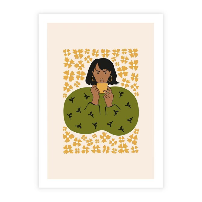 Plakat bez ramy 21x30 - Wewnętrzne Fale - nowoczesny plakat, kobieta otoczona liśćmi