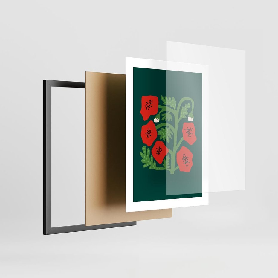 Plakat w ramie 30x40 - Księga Odbić - abstrakcyjna kwiatowa kompozycja, zielone  mocne tło - rama czarna