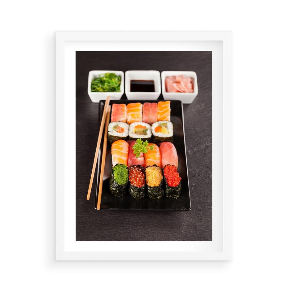 Plakat w ramie 50x70 - Kulinarne podróże do Japonii - sushi, japonia - rama biała