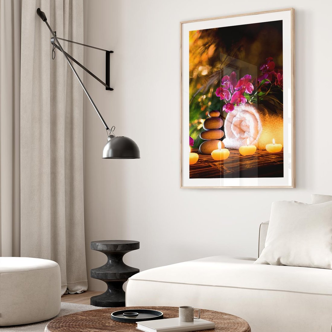 Plakat w ramie 40x50 - Relaksujące spa z płonącymi świecami - spa, świece - rama drewno