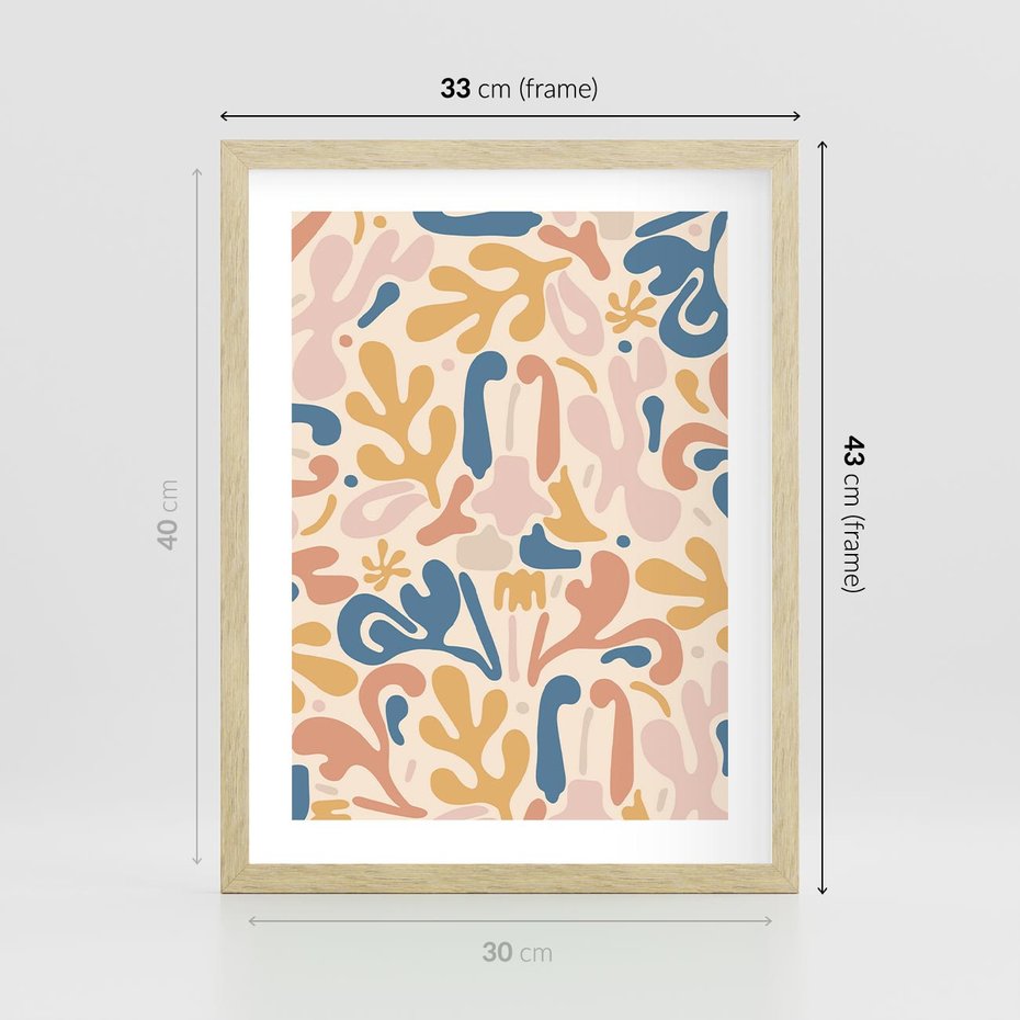 Plakat w ramie 30x40 - Symfonia Radosnych Barw - abstrakcyjne pastelowe formy, nowoczesna grafika w stylu boho - rama drewno