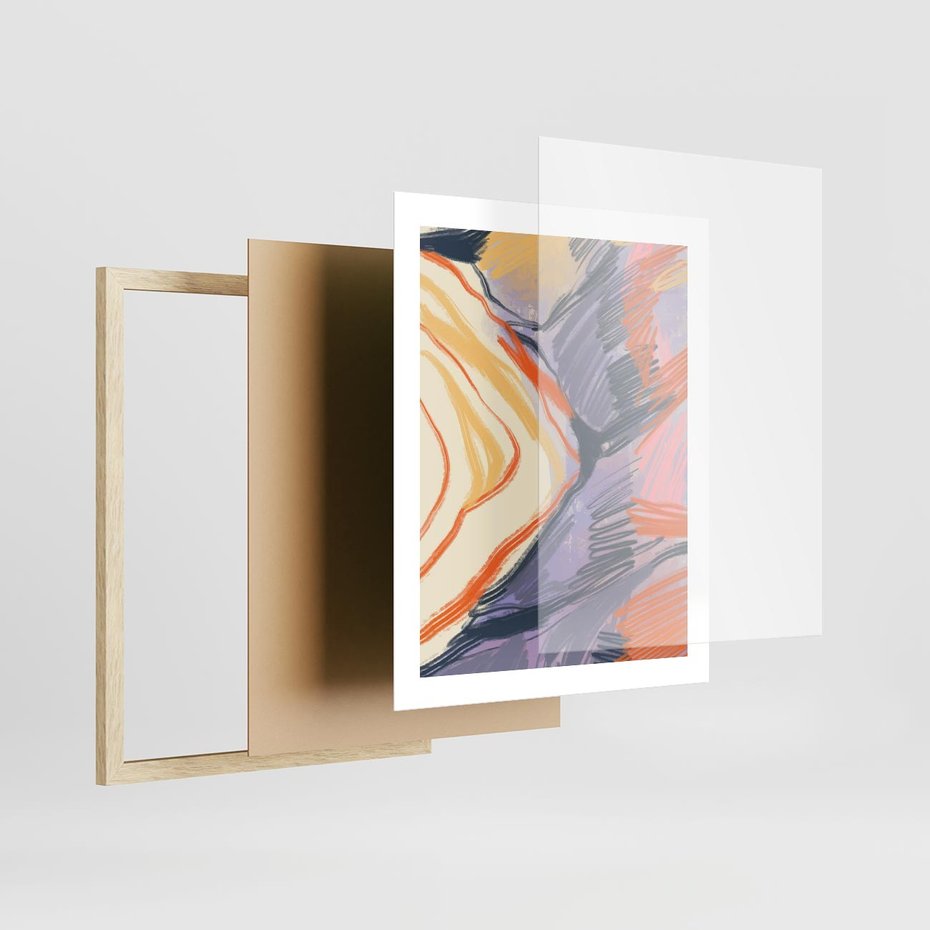 Plakat w ramie 40x50 - Pokreślony Świat - abstrakcyjne formy, odcienie pomarańczu i fioletu - rama drewno