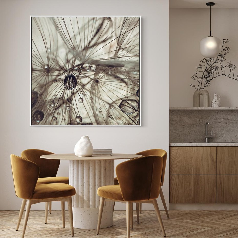 Obraz w ramie 80x80 - Lekkie dmuchawce - dmuchawce, krople - rama biała