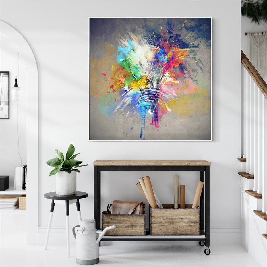 Obraz w ramie 80x80 - Kolory Kreatywnej Koncepcji - abstrakcyjna grafika, szkic żarówki - rama biała