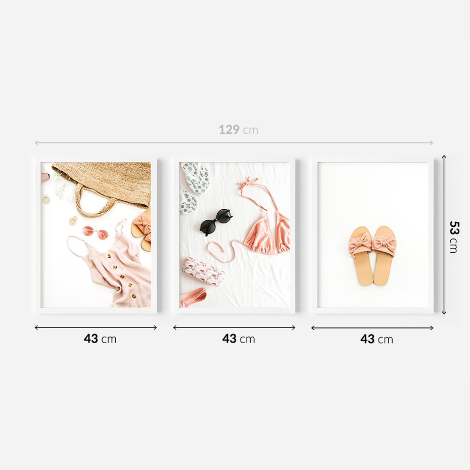 Zestaw obrazy w ramie 40x50 galeria - Wakacje, klapki, torba, moda - rama biała