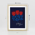 Plakat w ramie 30x40 - Podróżne Barwy - czerwone abstrakcyjne kwiaty, granatowe tło - rama drewno
