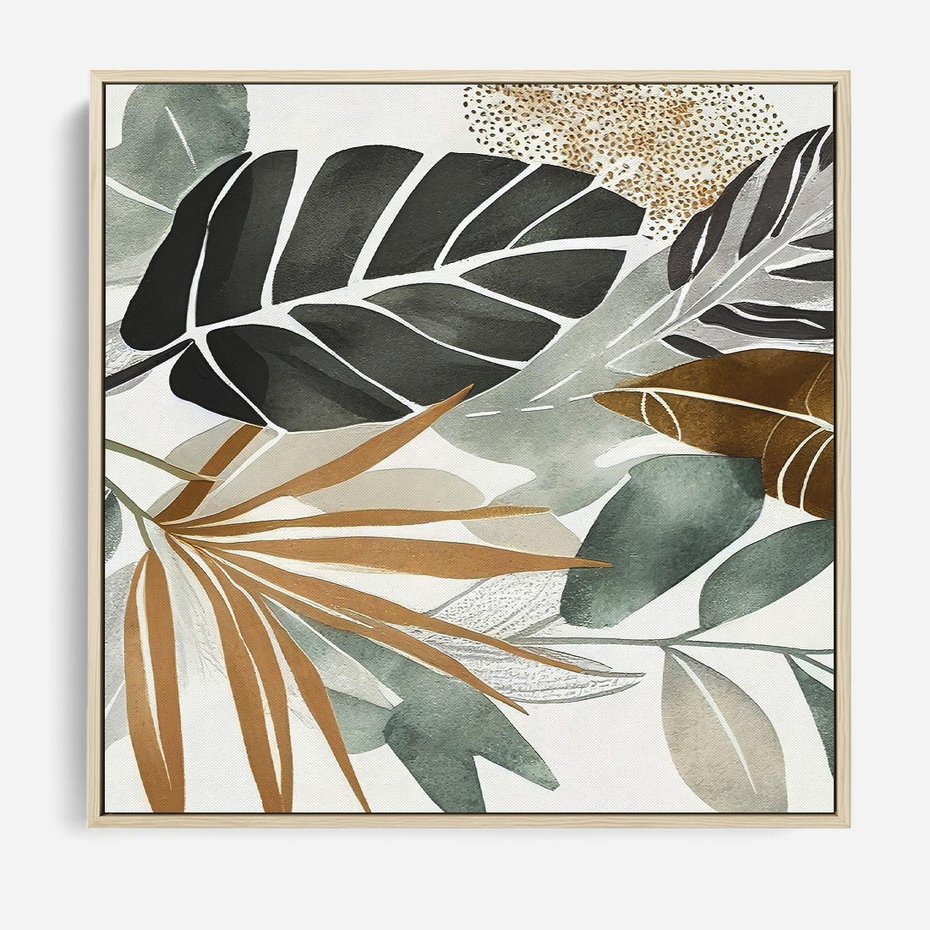 Obraz w ramie 80x80 - Współbrzmienie wewnętrznego ja - kompozycja z tropikalnych liści, stonowane kolory - rama drewno