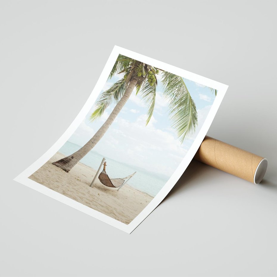 Plakat bez ramy 50x70 - Relaks na plaży - palma, hamak