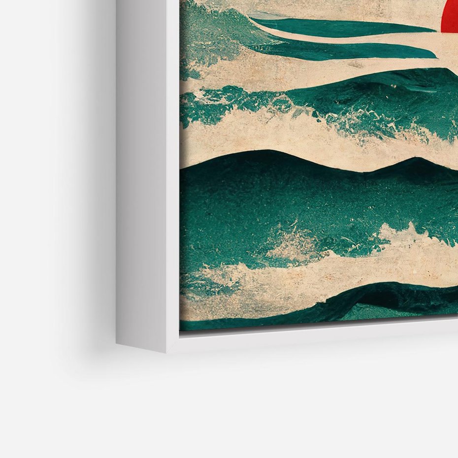 Obraz w ramie 50x50 - Czerwone Melodie - japońska sztuka, zachód słońca nad oceanem - rama biała