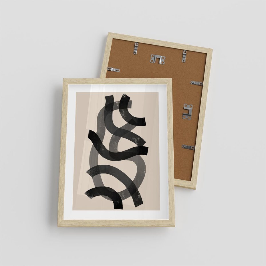 Plakat w ramie 30x40 - Strukturalne Odbicia Innowacji - zaplątane minimalistyczne linie, na bezowym tle - rama drewno