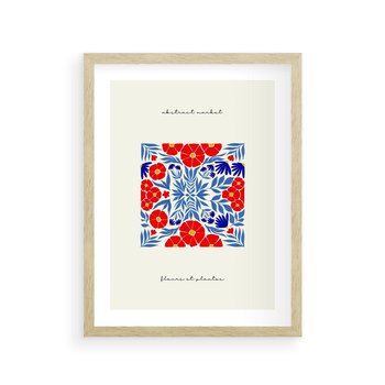 Plakat w ramie 30x40 - Tajemnicza Droga - nowoczesna kwiatowa kompozycja, czerwony i niebieski - rama drewno