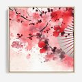 Obraz w ramie 50x50 - Szept Kwitnącej Wiśni - japoński parasol, liście - rama drewno