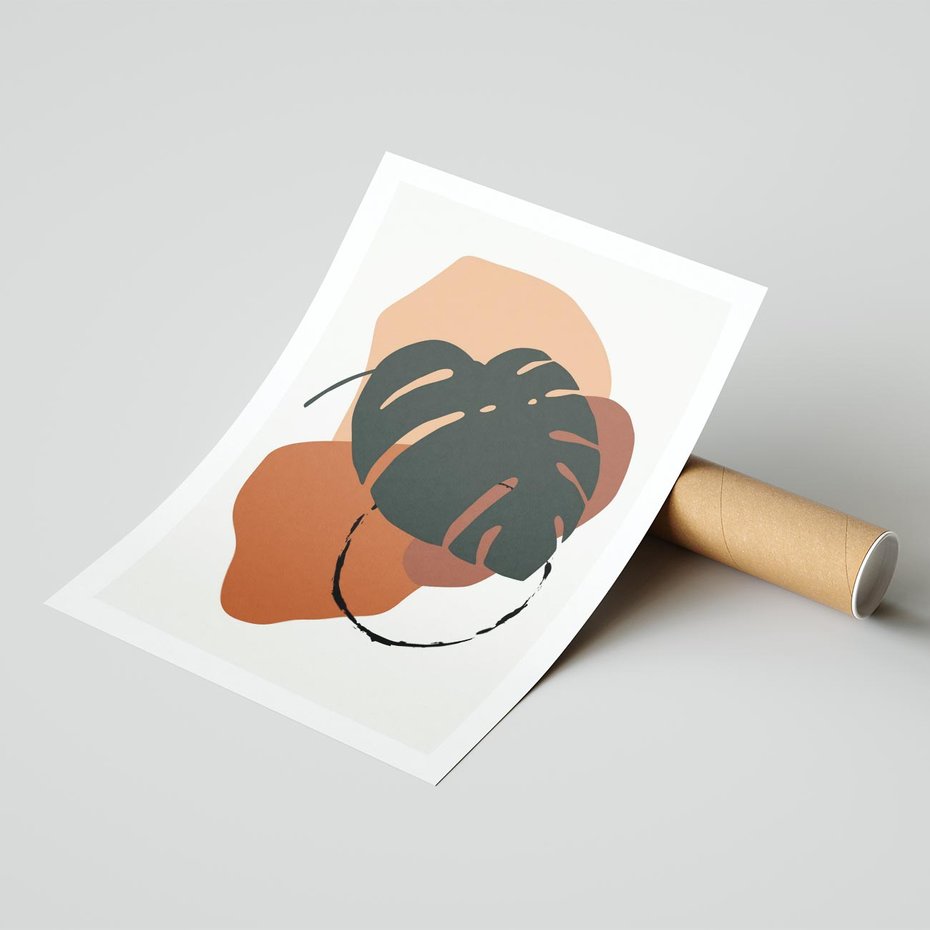 Plakat bez ramy 30x40 - Brązowa Ekspresja - liść monstery, boho obraz