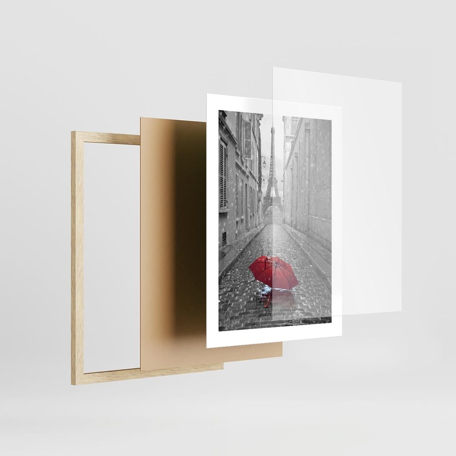Plakat w ramie 30x40 - Kolorowy parasol w Paryżu - Paryż, parasol - rama drewno