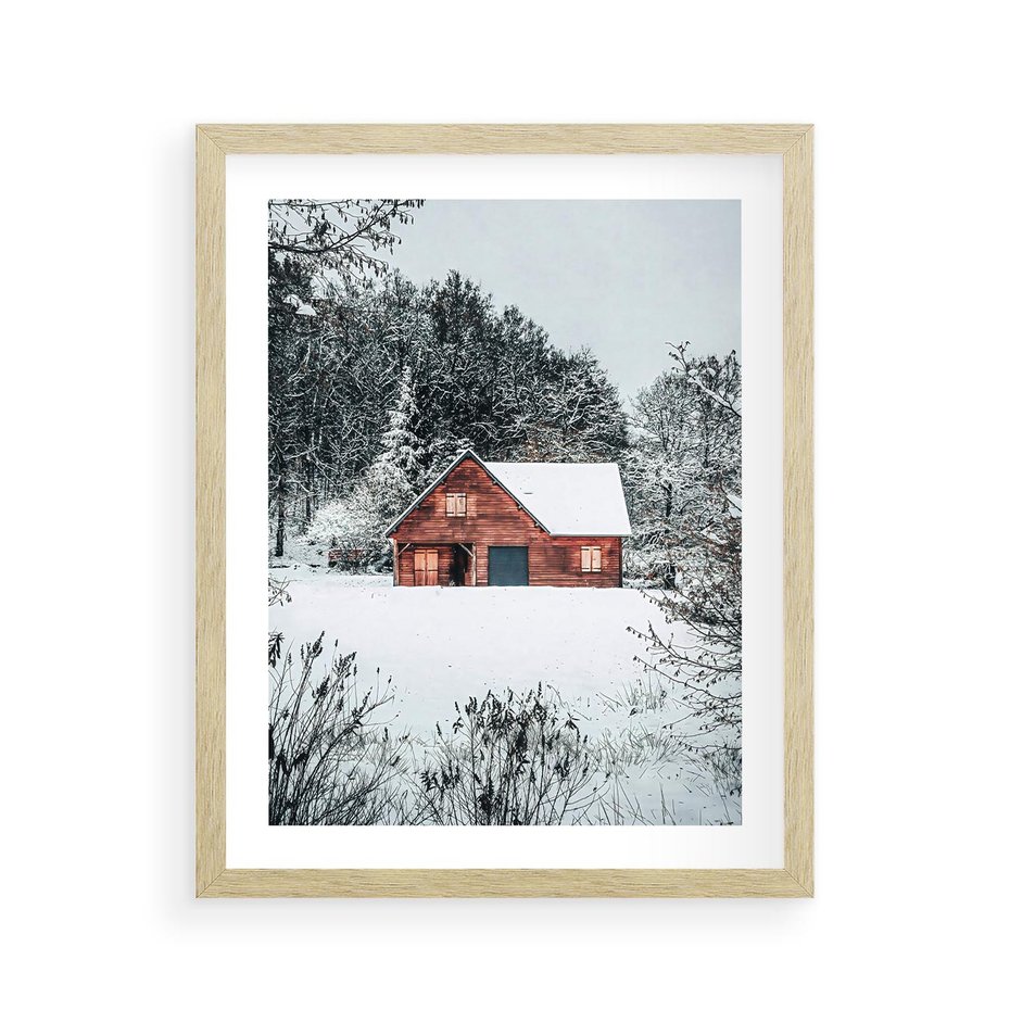 Plakat w ramie 40x50 - Domek w Górach Pokryty Śniegiem - domek w górach, śnieg - rama drewno